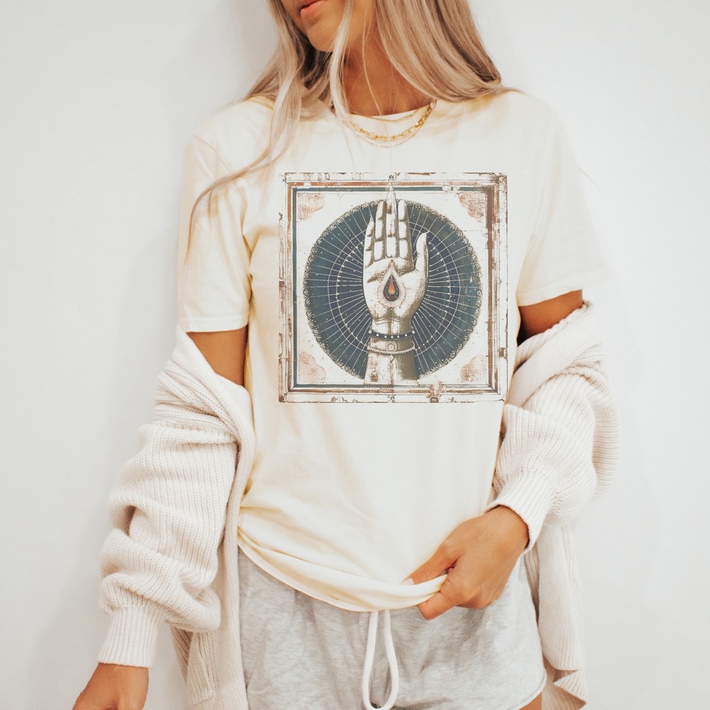 Steampunk Hand Flame Graphic Tee Vintage Industrial Art